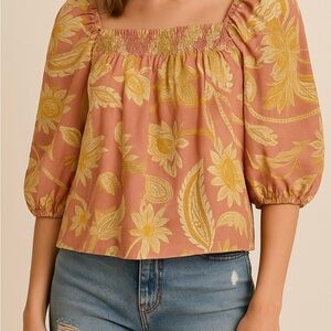 Harve Bernard Pink Paisley Smocked Peasant Blouse Puff Sleeve Peasant Top Size M